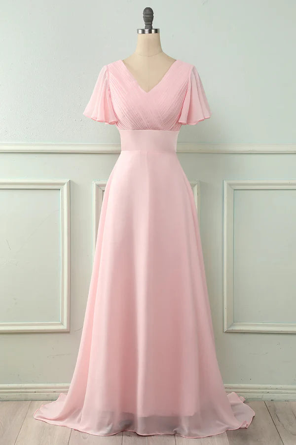 Luolandi V-neck pink ruffled bridesmaid dress Solid Color Beautiful